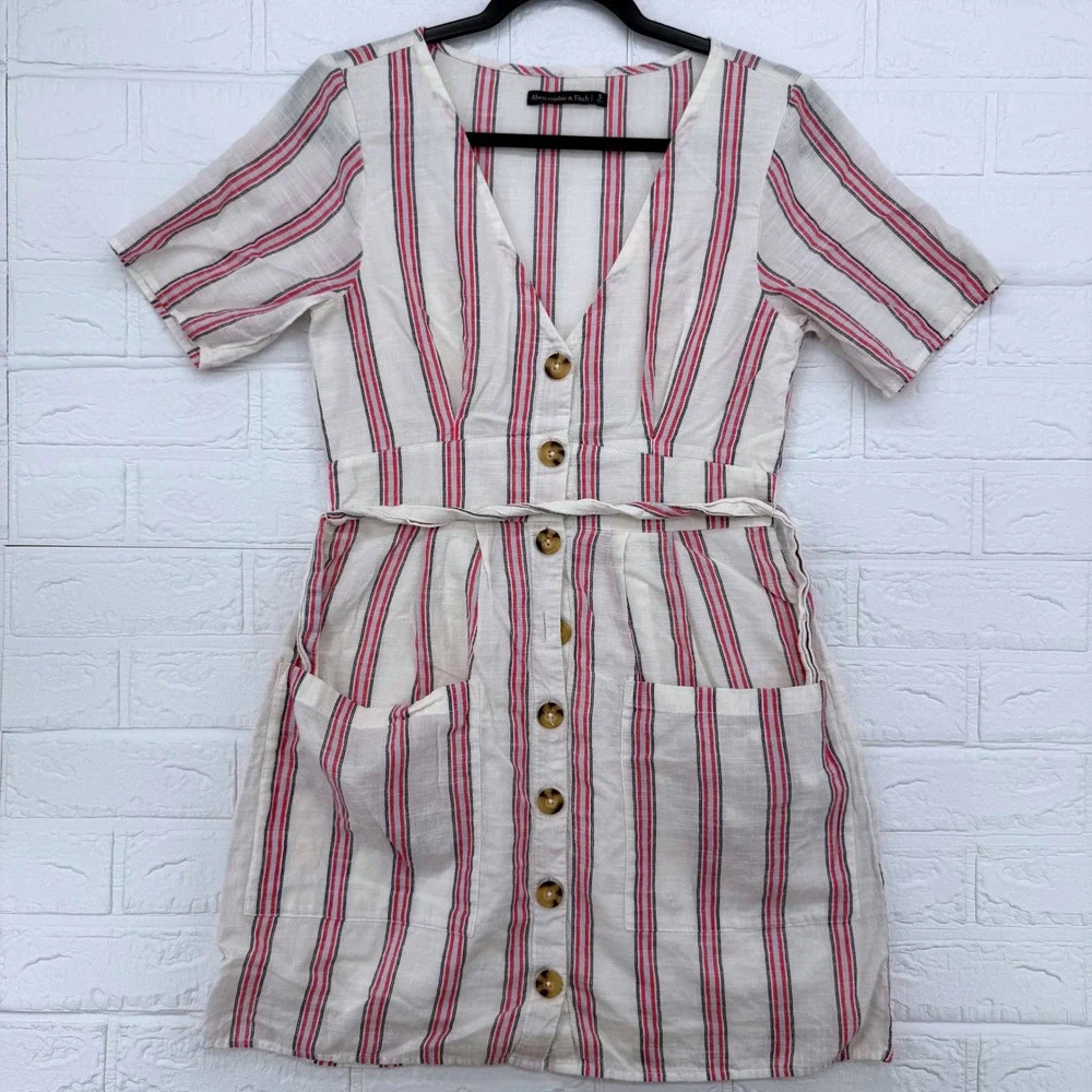 Abercrombie & Fitch Button Front Dress Women Sz S Striped V-Neck Mini Tie Waist